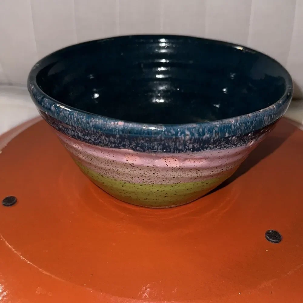 Handmade Clay Pot Pottery Teal Blue Green Lavender Tan